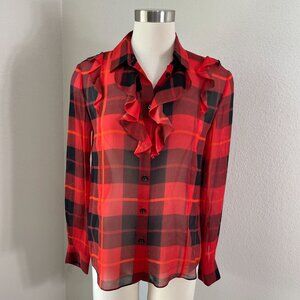 Kate Spade Womens 4 Ruffle Woodland Red Black Plaid Chiffon Blouse 100% Silk Top